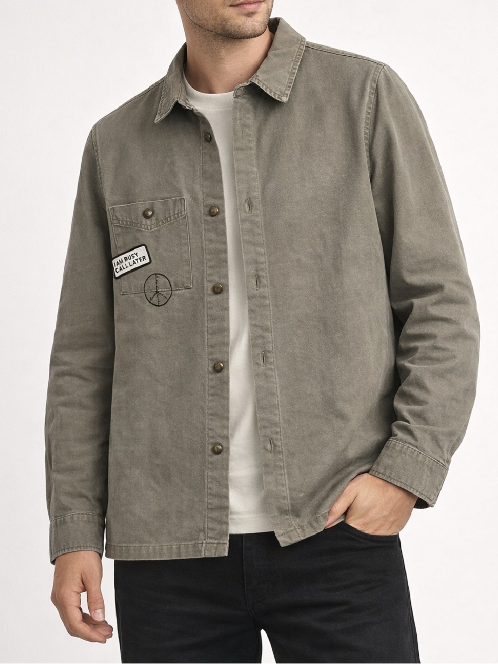Zara Olive Green Button-Front Utility Unisex Jacket Shirt Size S